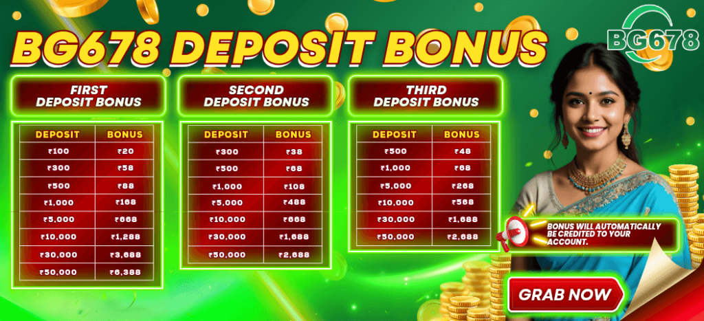 BG678 deposit bonus offer first second third deposit bonus official BG678 platform bonus chart India
